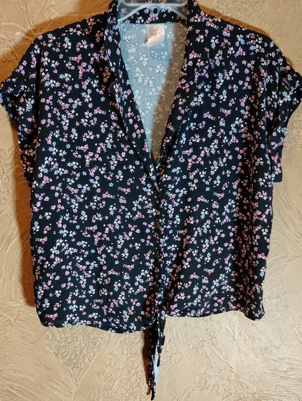 No Boundaries Black Floral Tie-Front Button Down Shirt